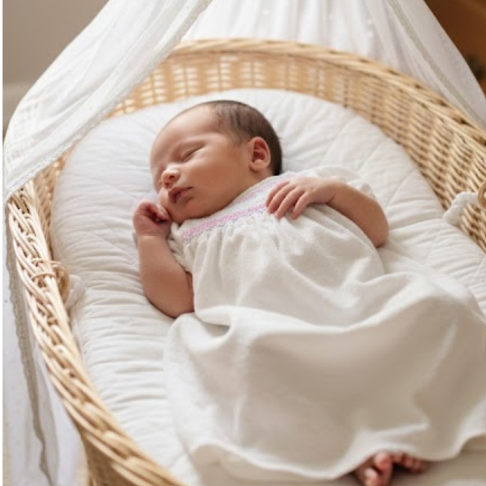 Vintage White Cotton Infant Gown with Pink & Baby Blue Stitching – Newborn Size